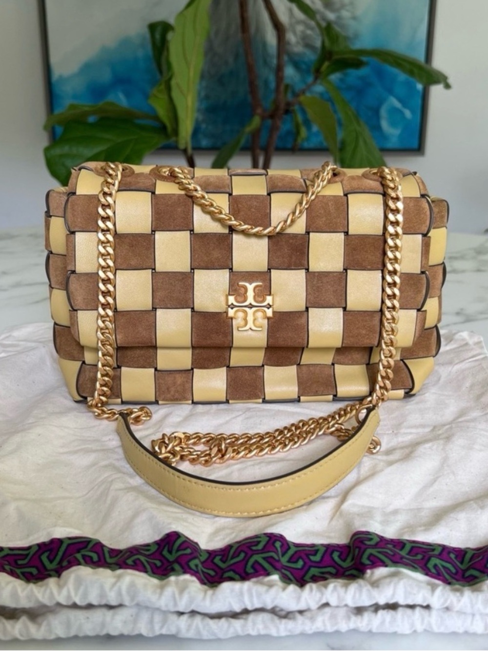 TORY BURCH  Kira Woven Small Convertible Shoulder Bag Brioche Yellow Tan